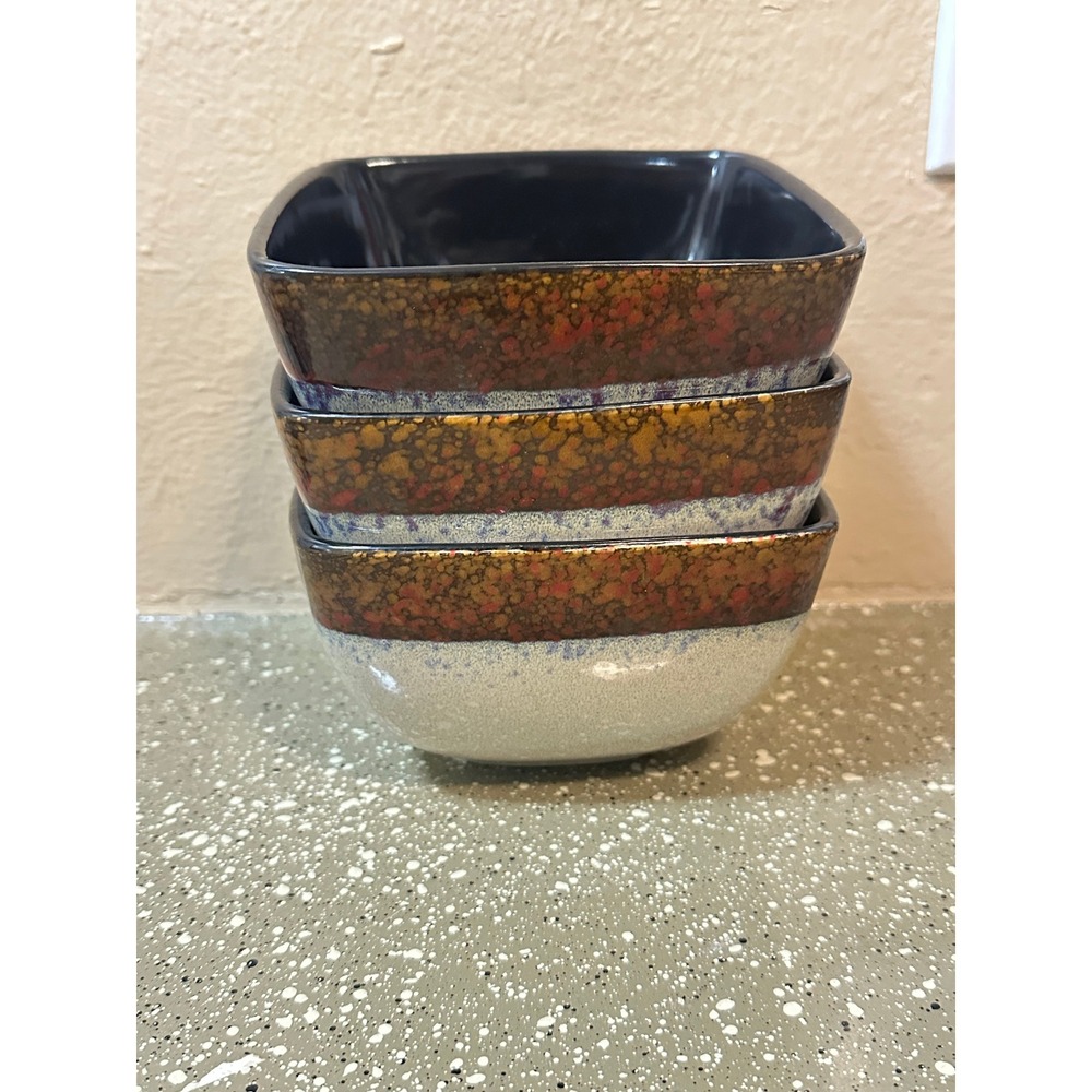 MasterCuisine Square Stoneware Bowls Set of 3 Tan‎ Blue Speckled Black Interior